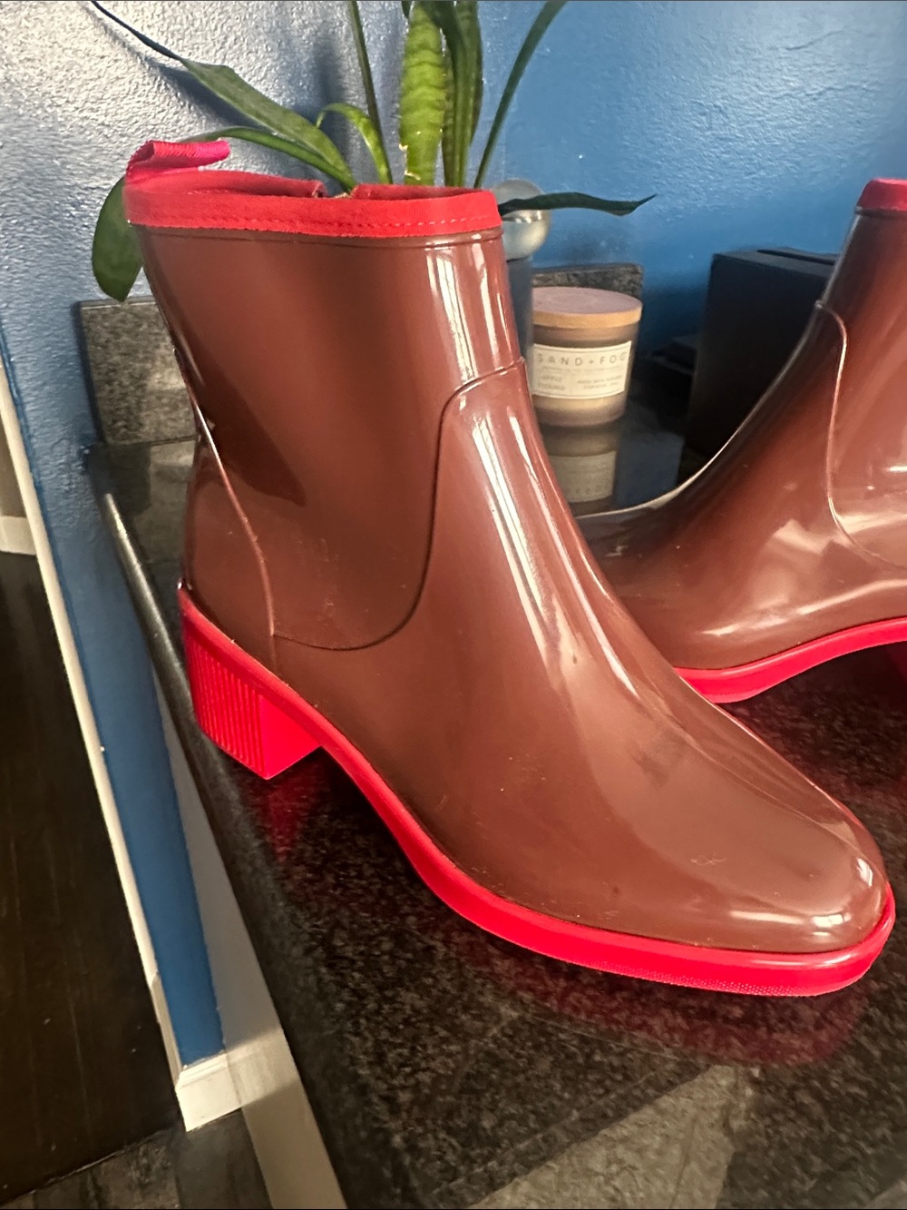 kate spade Brown Glossy Ankle Rain Boots with Red Trim